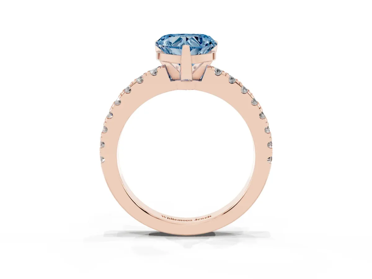 Fancy Blue Heart Cut Solitaire Diamond with Pavé Band and Four-Prong Setting Rose gold