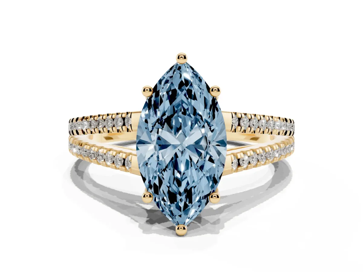 Fancy Blue Marquise Cut Diamond Solitaire Engagement Ring with Split Shank Pavé Band Yellow gold