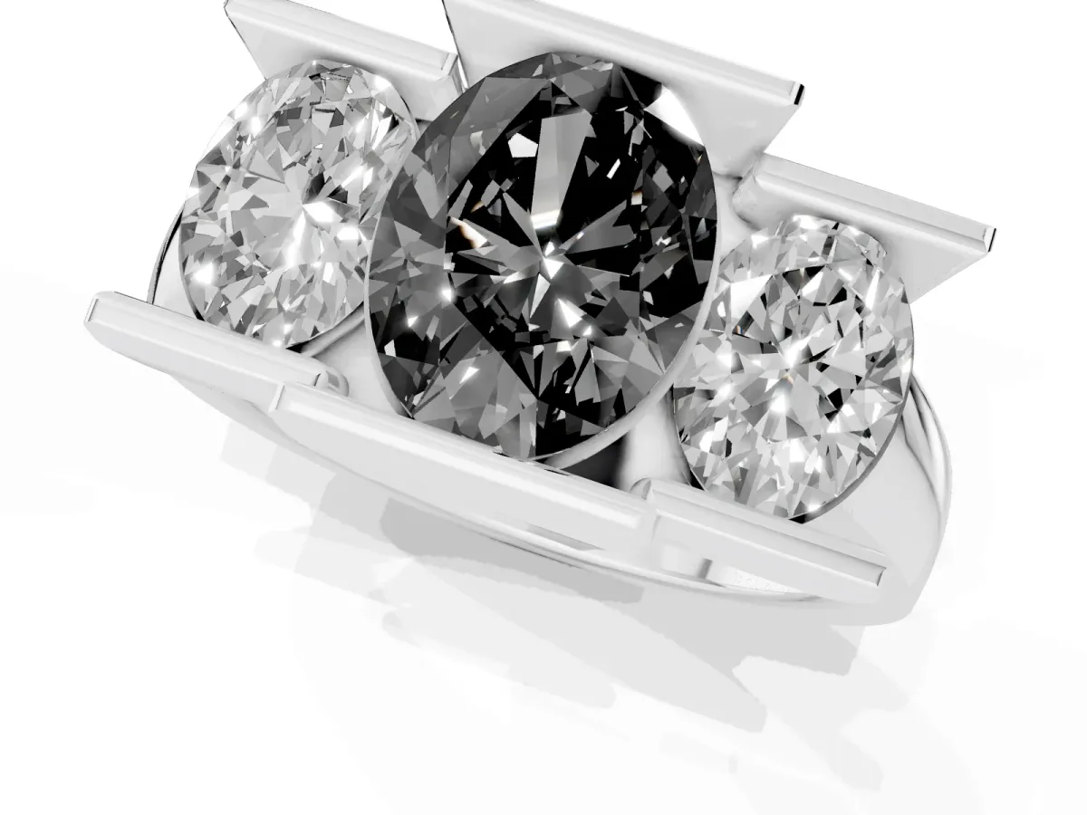 Fancy Black Three Stone Oval Cut Cut Channel Set Diamond Ring Platinum