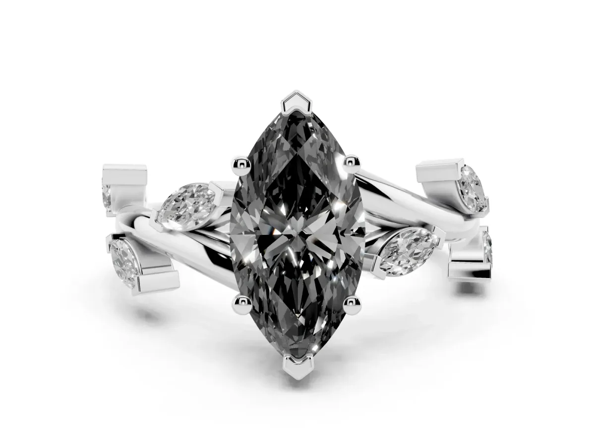 Fancy Black Marquise Cut Solitaire Twisted Band Marquise Accent Prong Setting Ring Platinum
