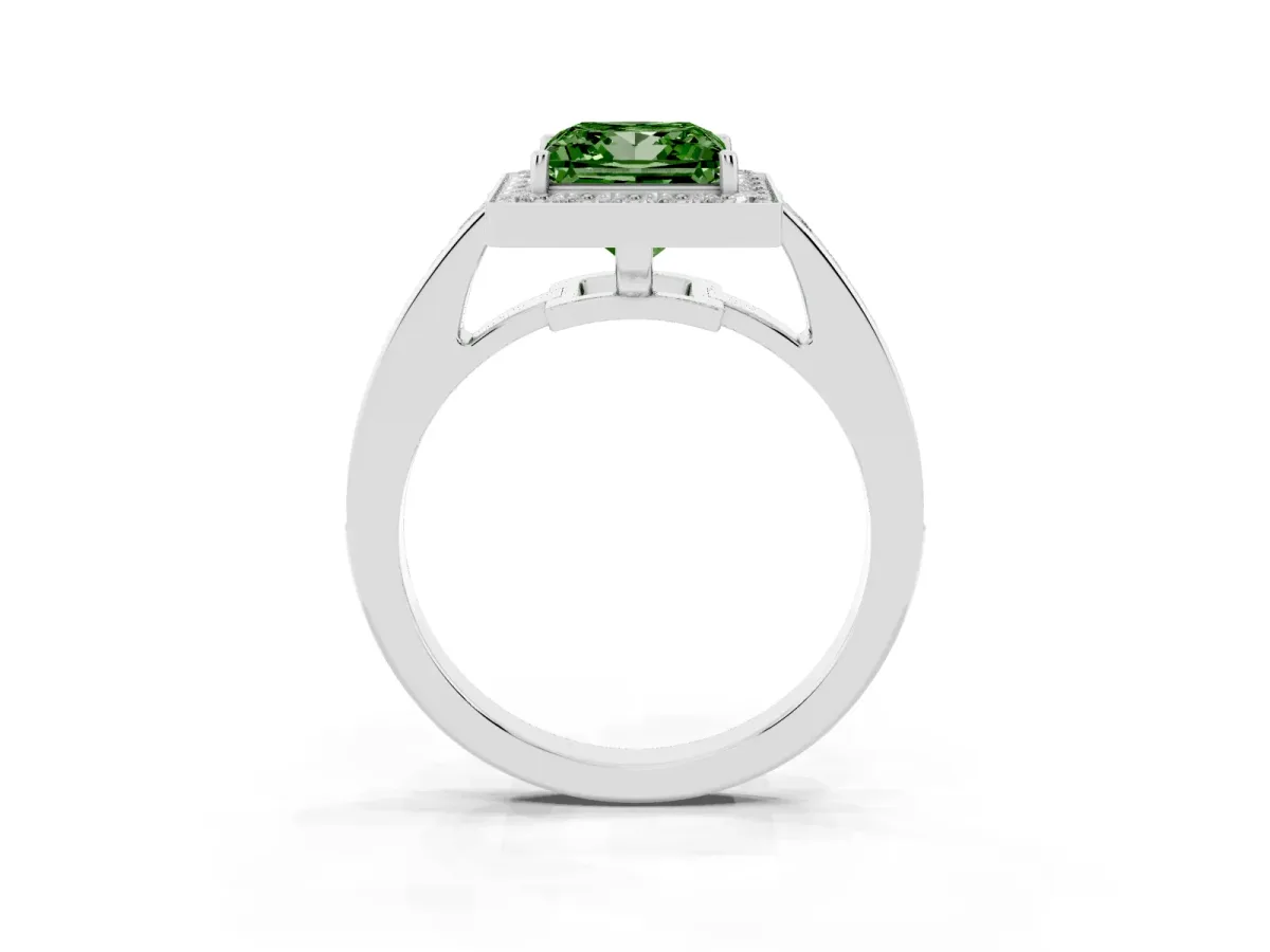 Fancy Green Princess Cut Halo Pavé Diamond Engagement Ring with Bezel Setting Silver