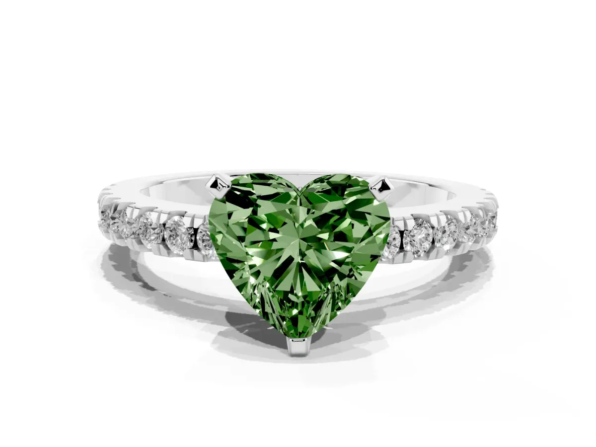Fancy Green Heart Cut Solitaire Diamond with Pavé Band and Four-Prong Setting White gold