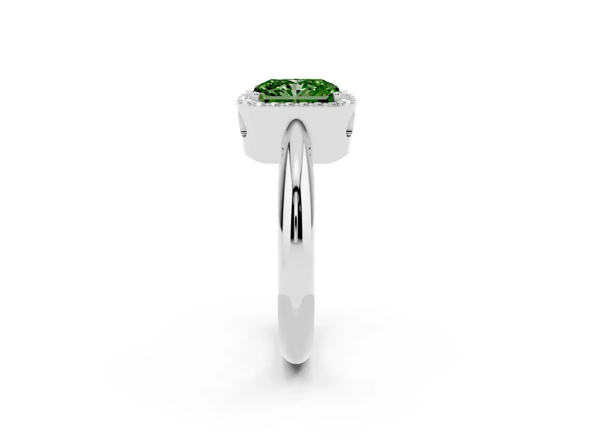 Fancy Green Radiant Cut Cut Diamond Halo Engagement Ring with Split Shank and Four-Prong Setting Silver
