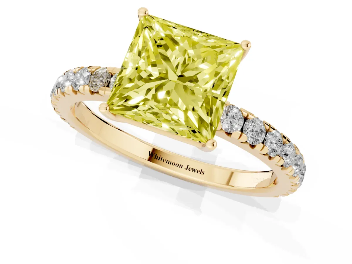 Fancy Yellow Princess Cut Diamond Pavé Solitaire Engagement Ring with Four-Prong Setting Yellow gold