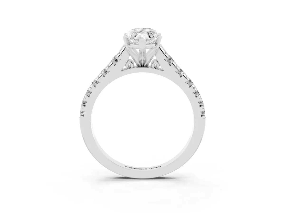 Marquise Cut Diamond Cathedral Solitaire Ring with Round Pavé Band Silver