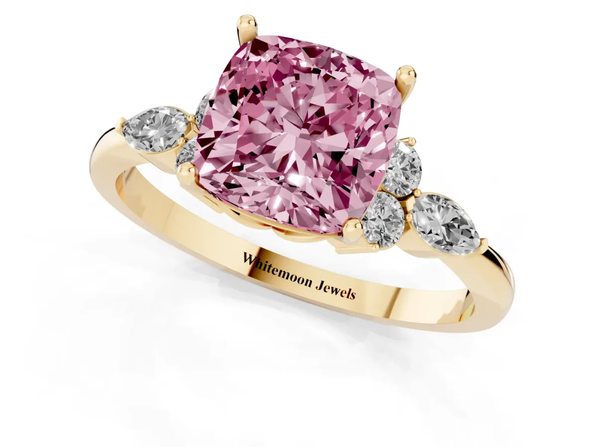 Fancy Pink Cushion Cut Brilliant Diamond Solitaire Ring with Pear Side Stones and Four-Prong Setting Yellow gold