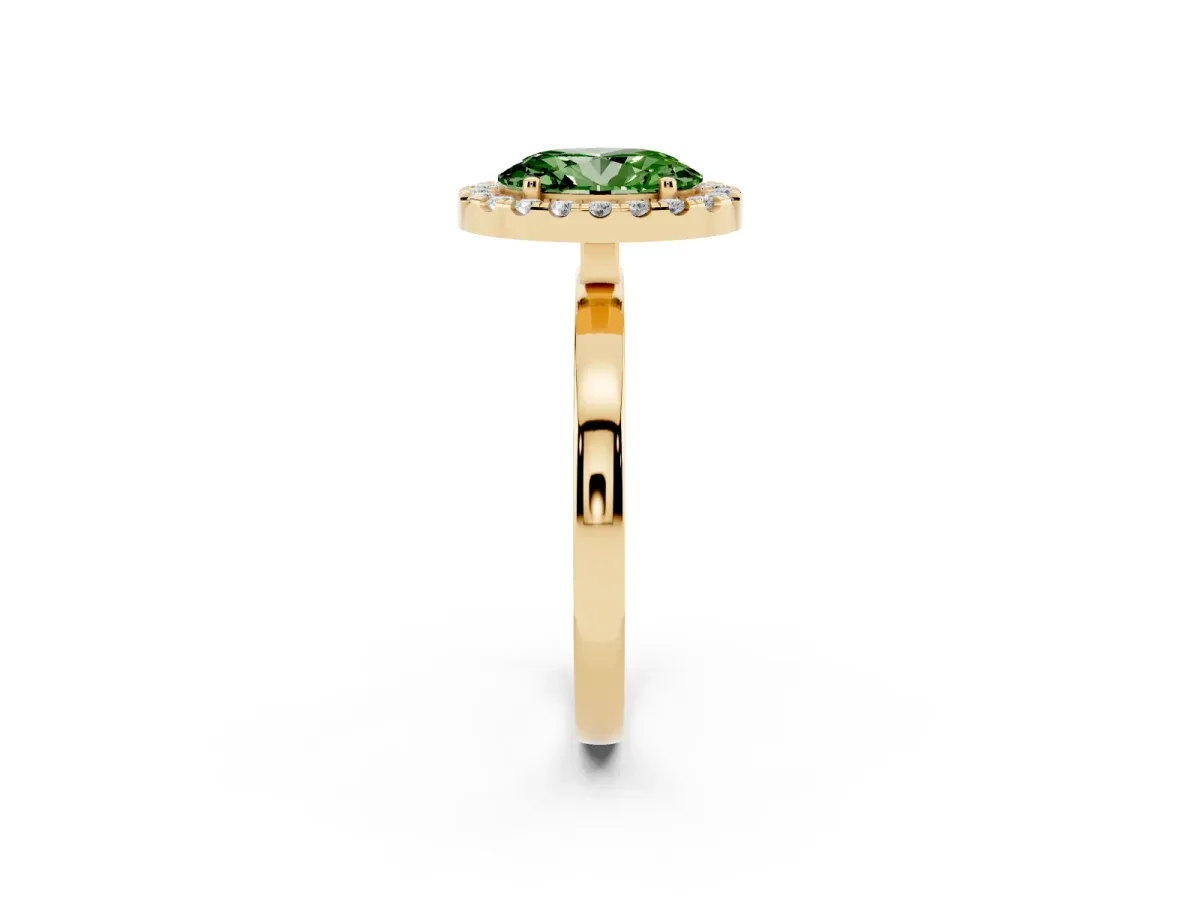 Fancy Green Oval Cut Halo Diamond Solitaire with Pavé Band and Four-Prong Setting Yellow gold