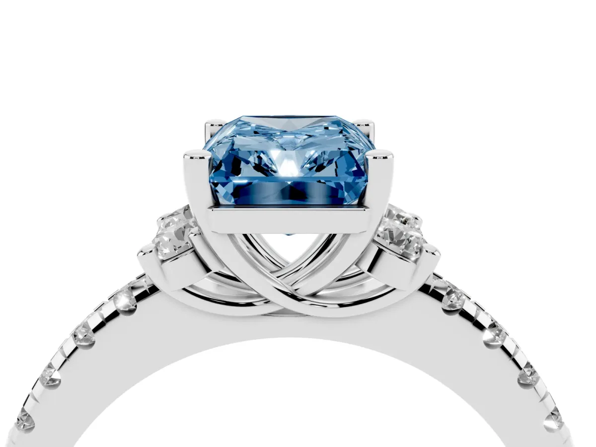 Fancy Blue Radiant Cut Diamond Three-Stone Pave Band with Four-Prong Setting Silver