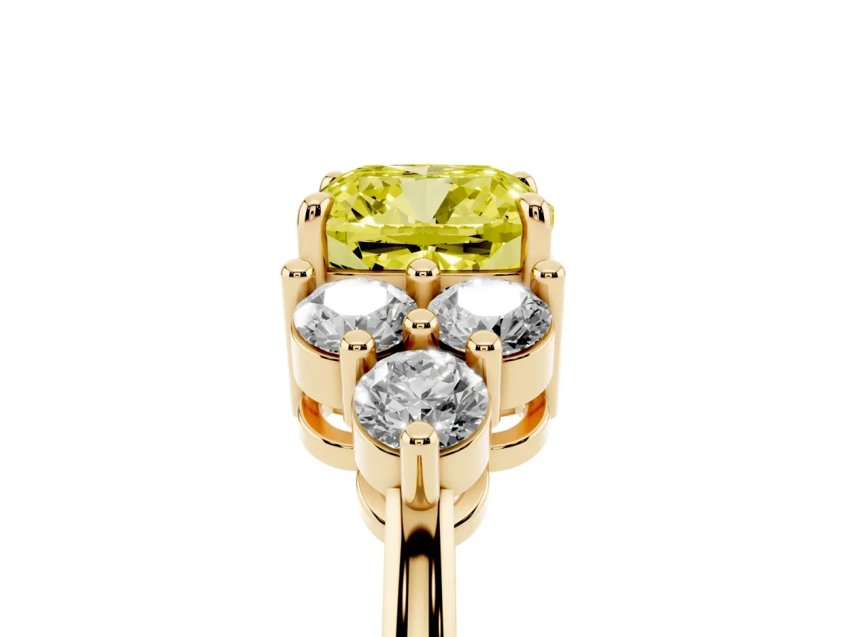 Fancy Yellow Cushion Cut Brilliant Diamond Cluster Accent Solitaire Ring with Prong Setting Yellow gold