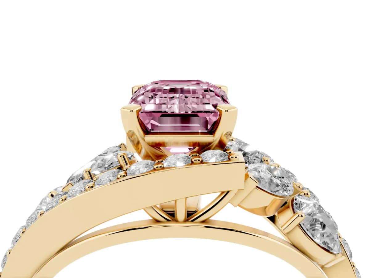Fancy Pink Emerald Cut Diamond Halo Ring with Marquise and Pavé Band in Prong Setting Yellow gold