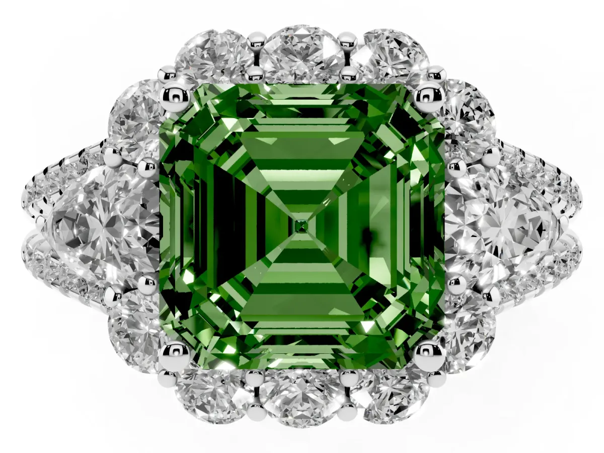 Fancy Green Asscher Cut Halo Split Shank Diamond Engagement Ring with Prong Setting Silver