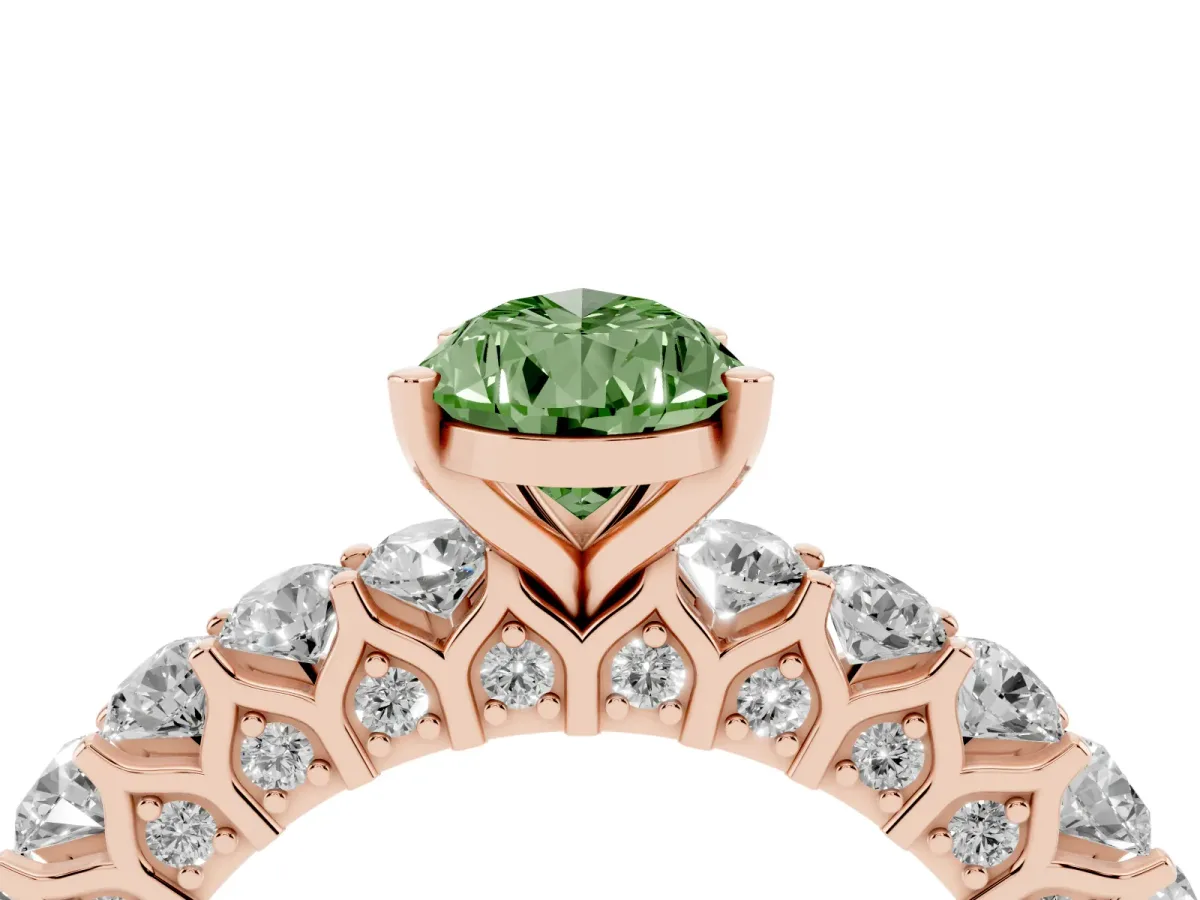 Fancy Green Pear Cut Diamond Solitaire Ring with Shared Prong Pavé Band and Four-Prong Setting Rose gold