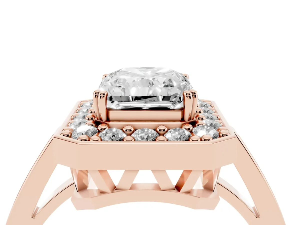 Radiant Cut Diamond Halo Ring with Split Shank and Four-Prong Setting Rose gold