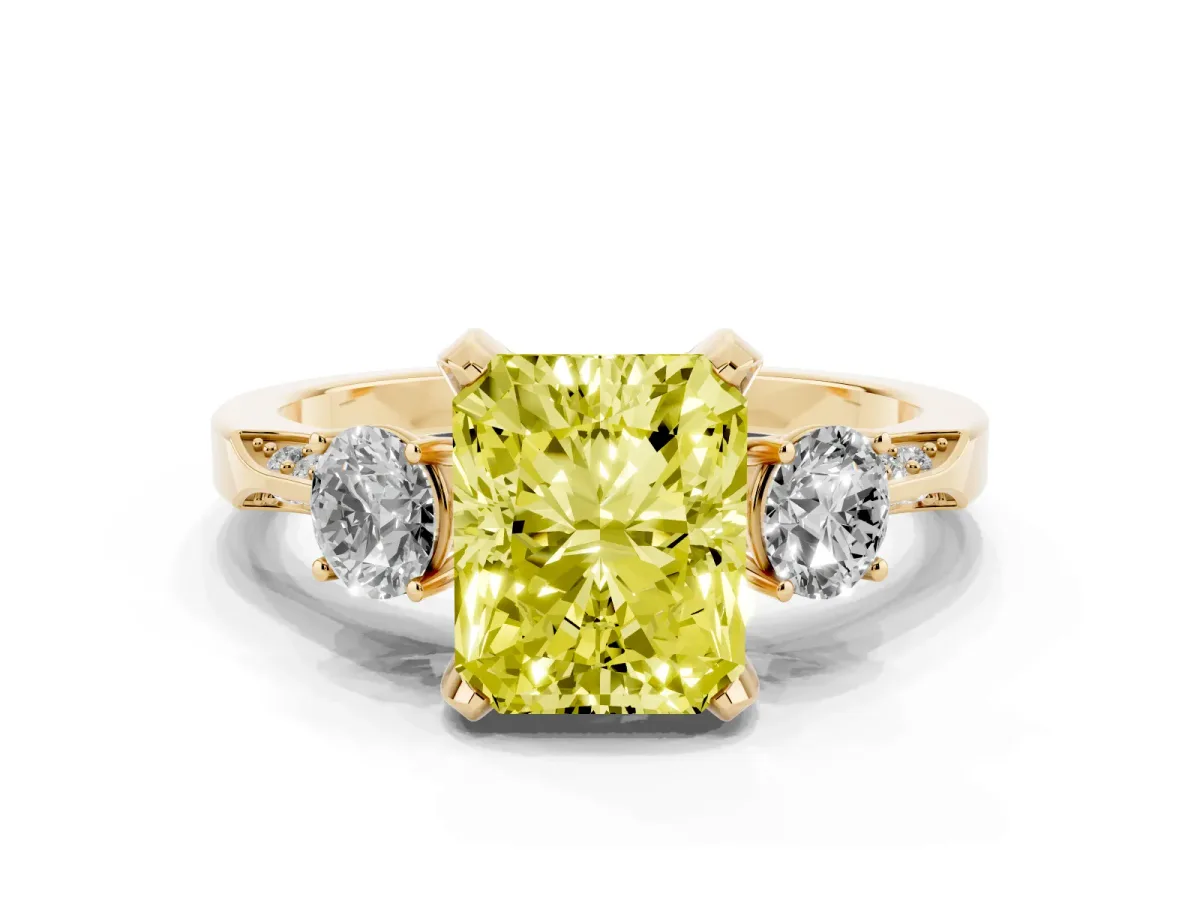 Fancy Yellow Radiant Cut Brilliant Three-Stone Diamond Ring with Pavé Band and Four-Prong Setting Yellow gold