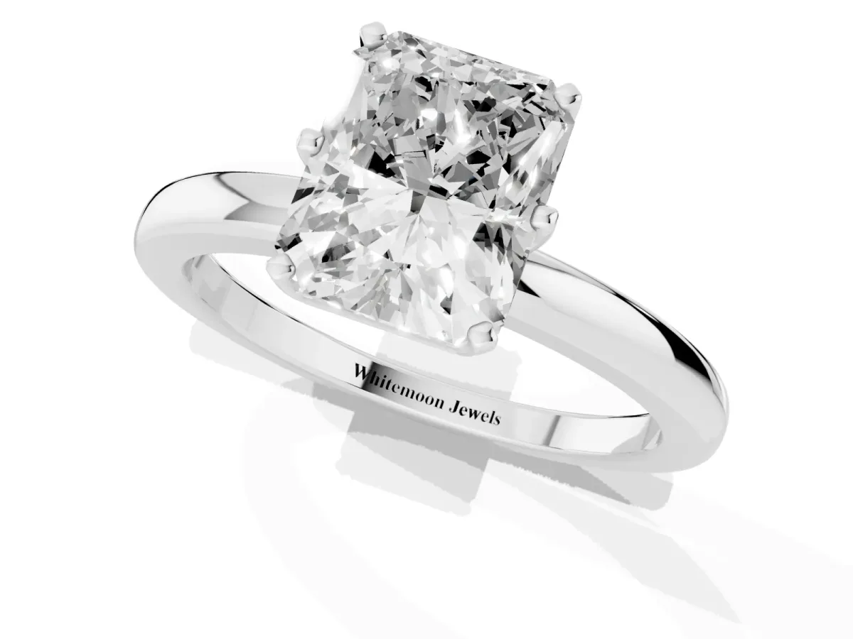 Radiant Cut Solitaire Diamond Ring with Six-Prong Setting on a Classic Band Platinum