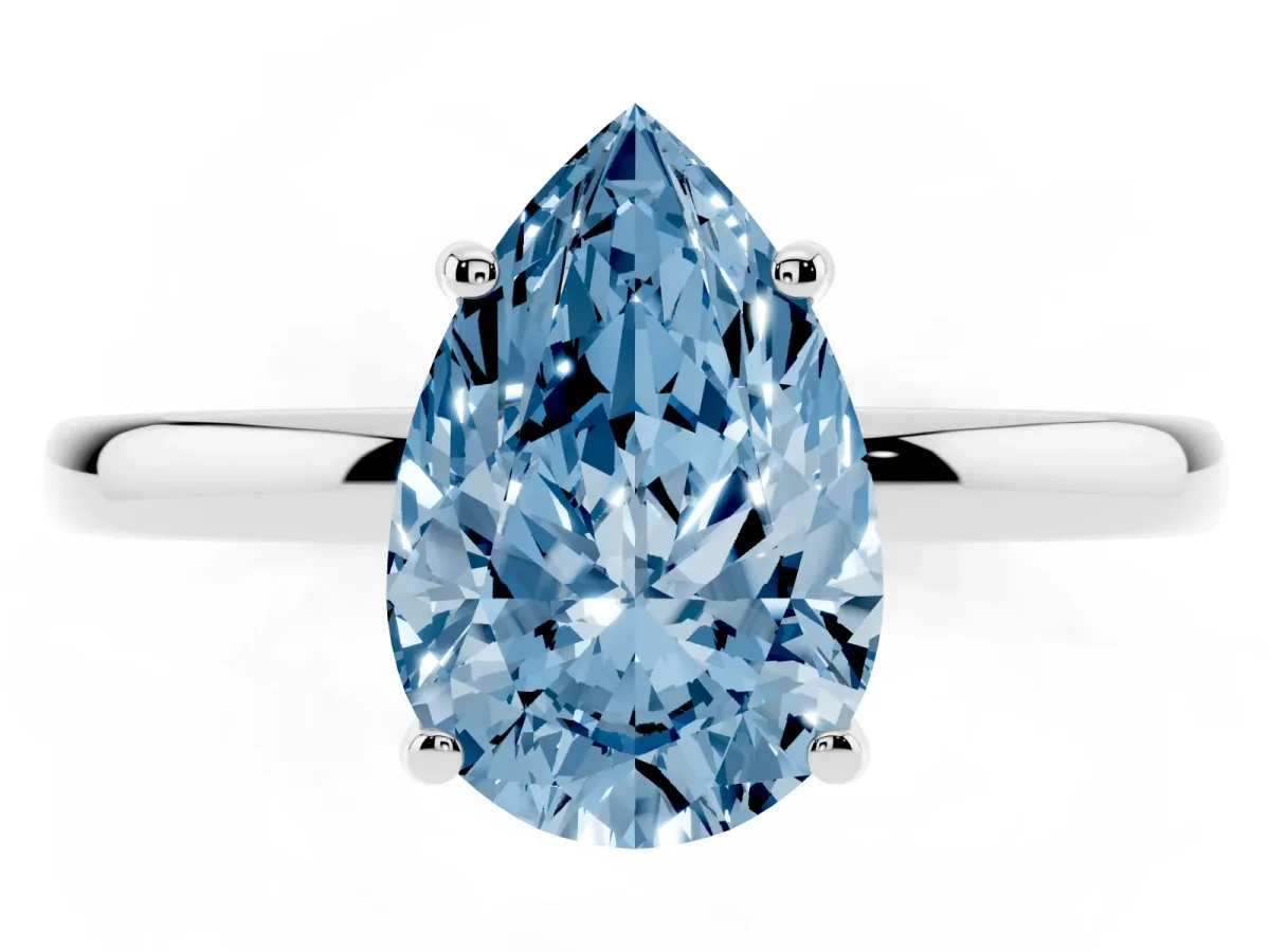 Fancy Blue Pear Cut Solitaire Diamond Ring with Prong Setting and Plain Band Platinum