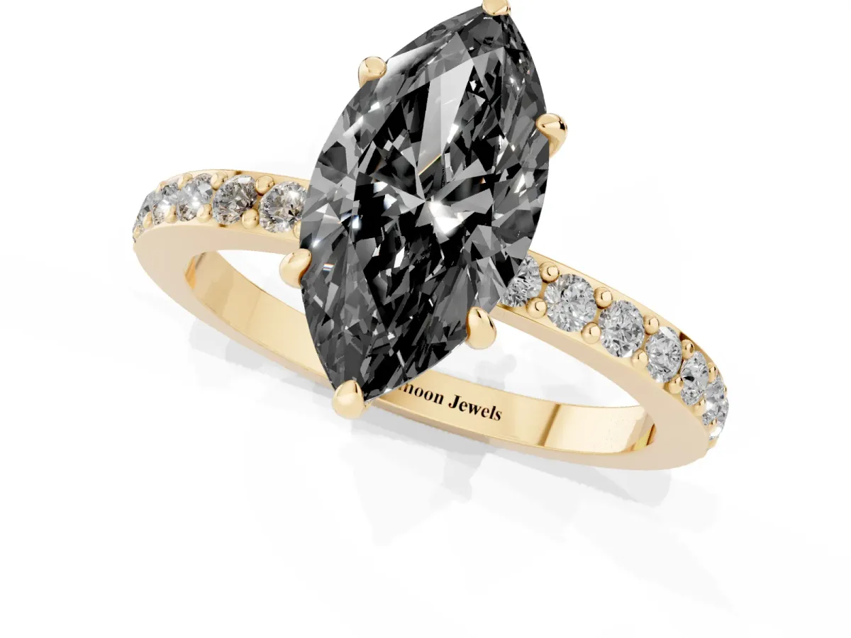 Fancy Black Marquise Cut Diamond Pavé Engagement Ring with Round Accents and Prong Setting Yellow gold
