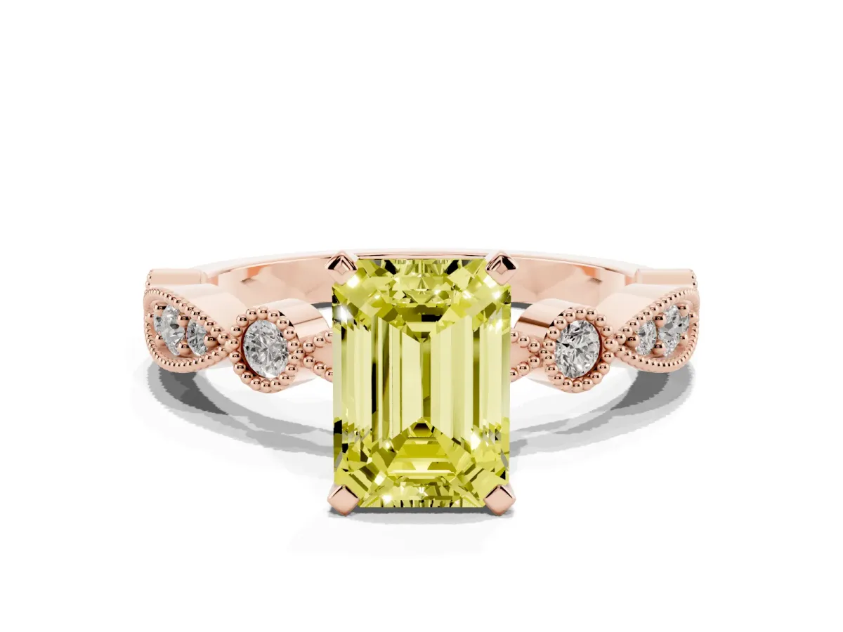 Fancy Yellow Emerald Cut Milgrain Bezel Diamond Engagement Ring with Solitaire Prong Setting Rose gold