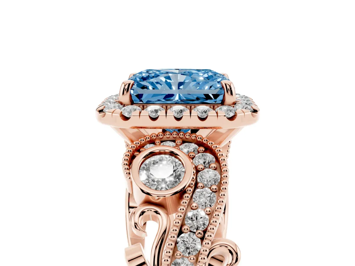Fancy Blue Radiant Cut Diamond Halo Ring with Milgrain Pavé Band and Four-Prong Setting Rose gold
