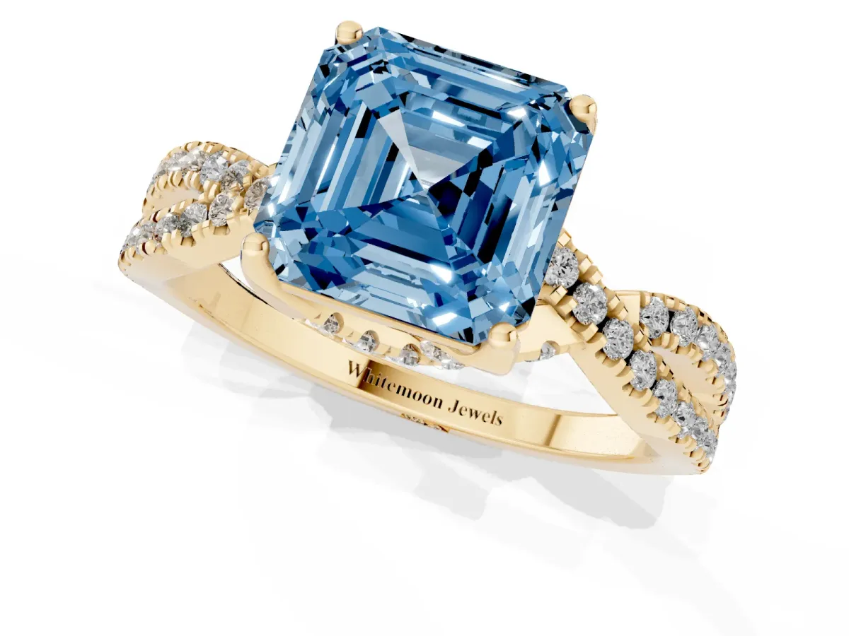 Fancy Blue Asscher Cut Solitaire Twist Pave Diamond Engagement Ring with Prong Setting Yellow gold