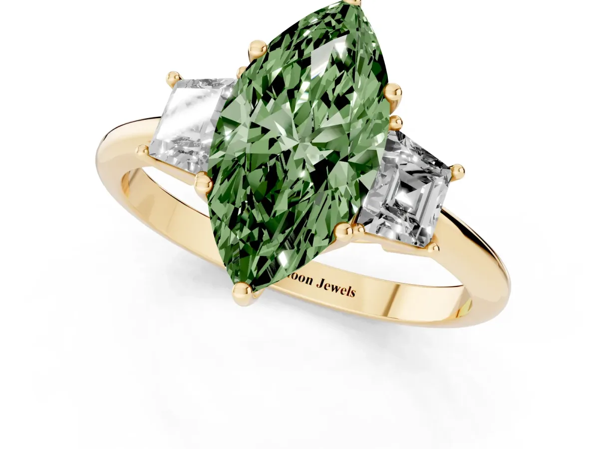 Fancy Green Marquise Cut Diamond Three-Stone Ring with Trapezoid Side Stones and Prong Setting Yellow gold