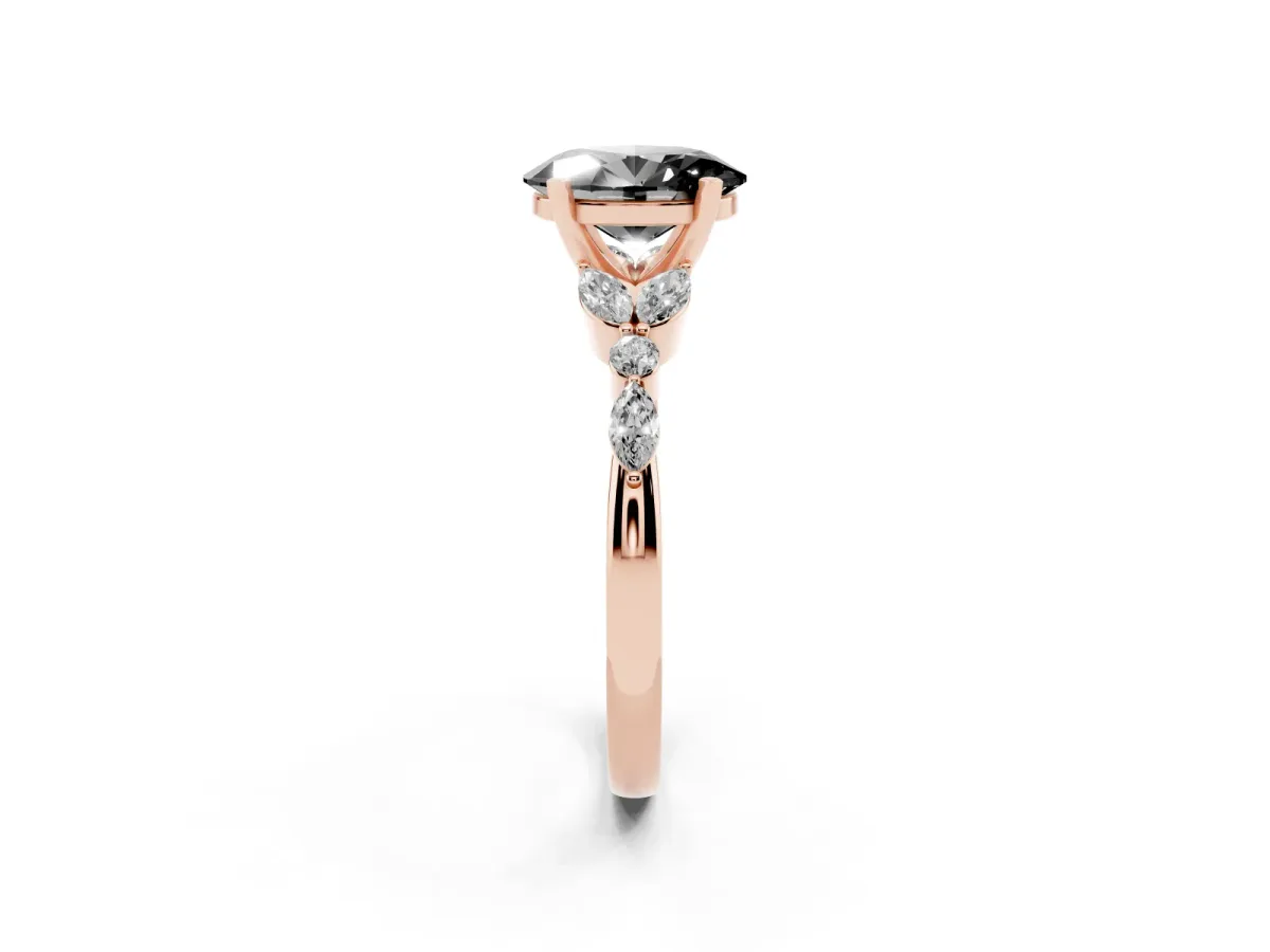 Fancy Black Oval Cut Diamond Solitaire Ring with Side Stones and Four-Prong Setting Rose gold