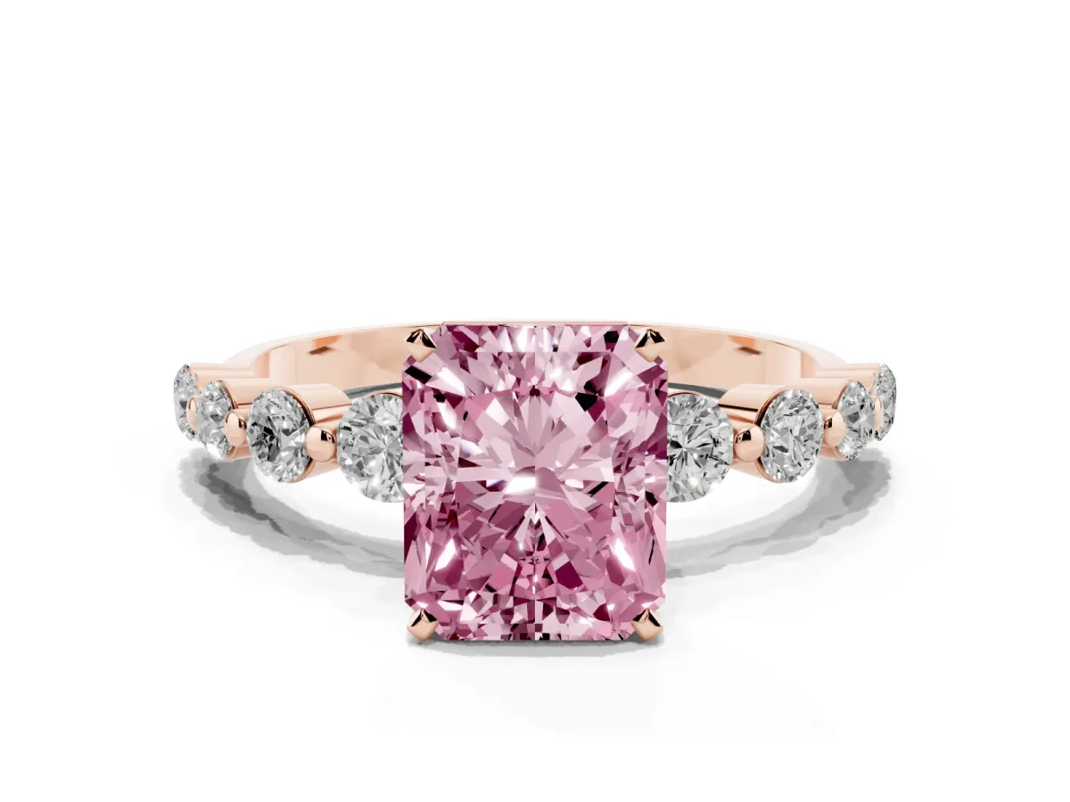 Fancy Pink Radiant Cut Solitaire Diamond Ring with Pave Band and Four-Prong Setting Rose gold