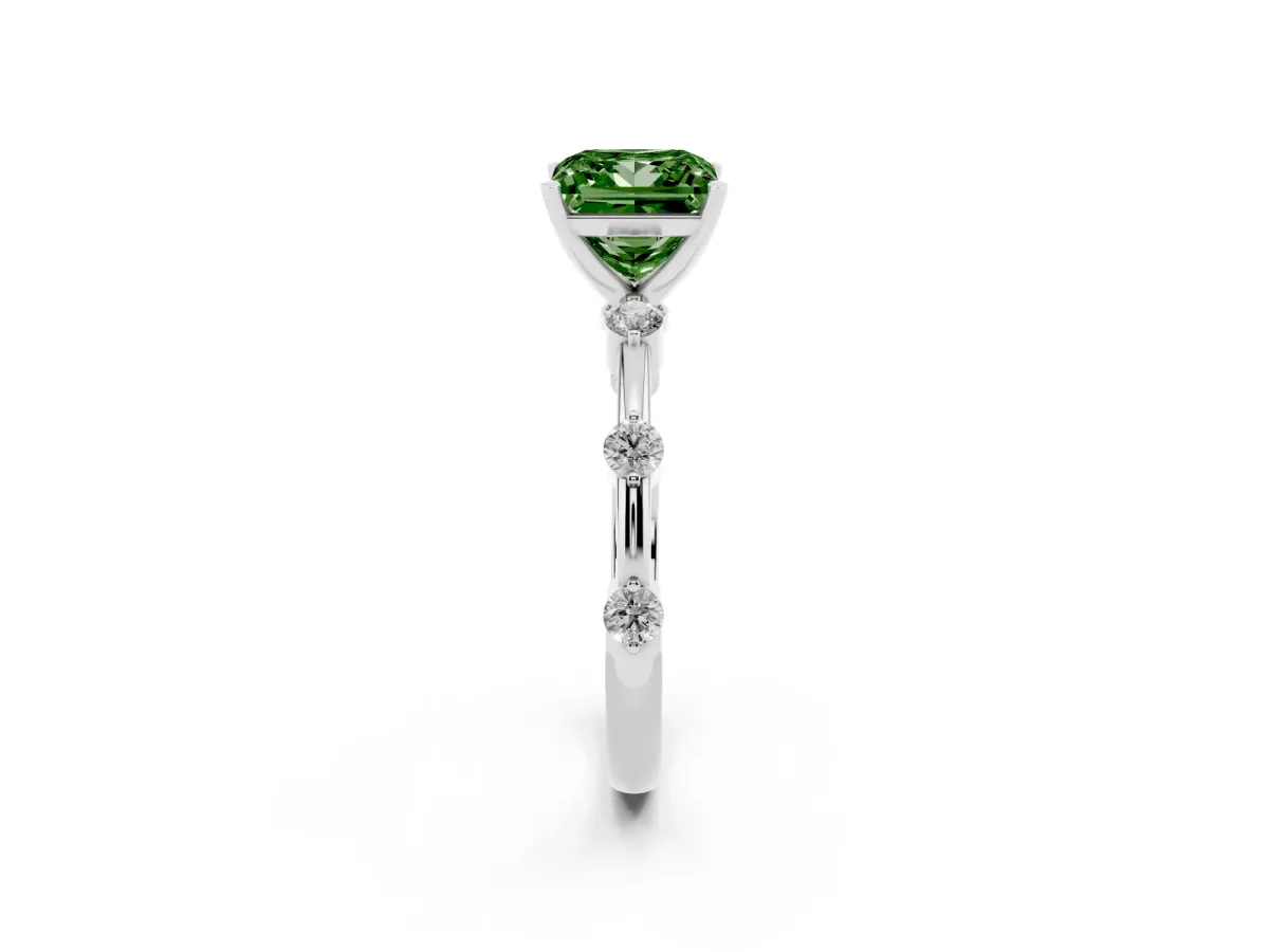 Fancy Green Princess Cut Solitaire Diamond Ring with Bezel Set Side Stones and Prong Setting Silver