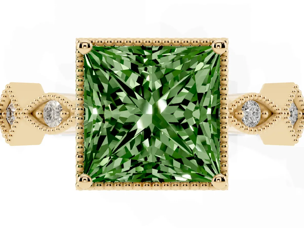 Fancy Green Princess Cut Milgrain Marquise Diamond Twist Band Ring Yellow gold