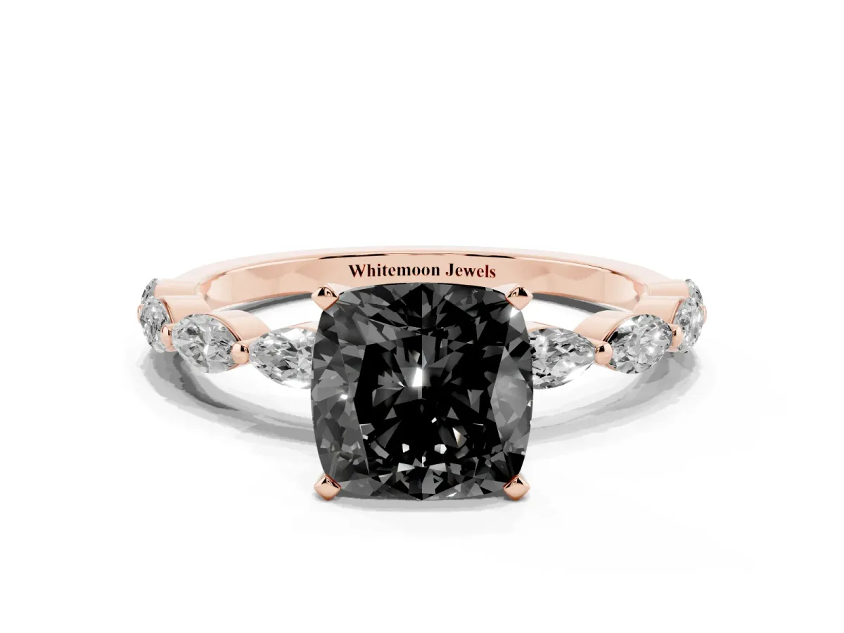 Fancy Black Cushion Cut Diamond Ring with Marquise Side Stones and Prong Setting Rose gold