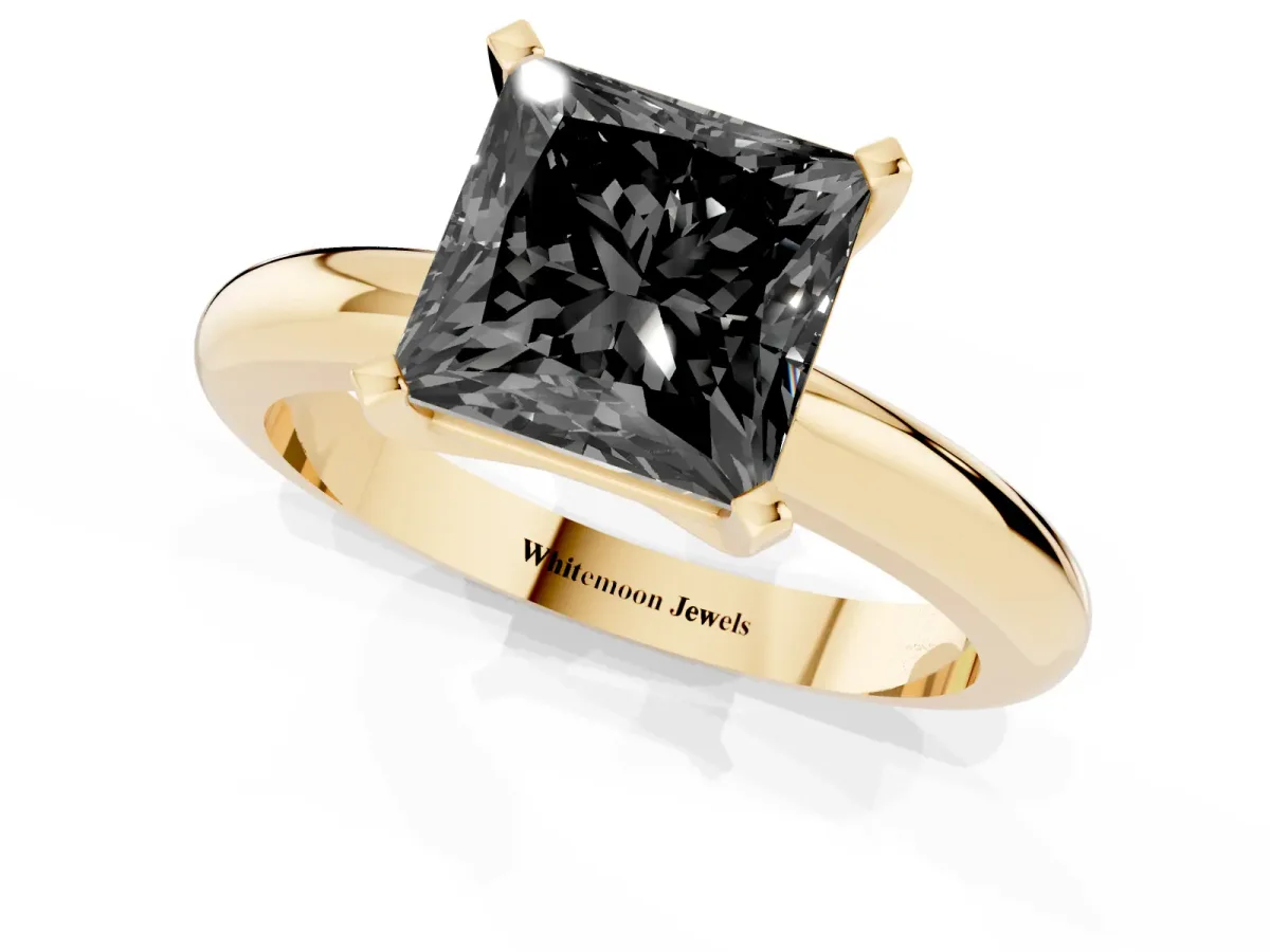 Fancy Black Princess Cut Diamond Solitaire Engagement Ring with Round Band and Four-Prong Setting Yellow gold