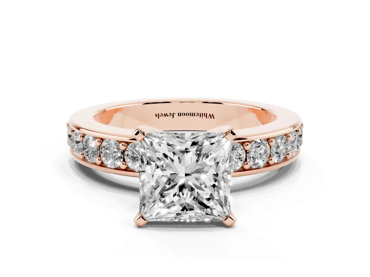 Princess Cut Diamond Engagement Ring with Channel Set Round Band and Prong Setting Rose gold