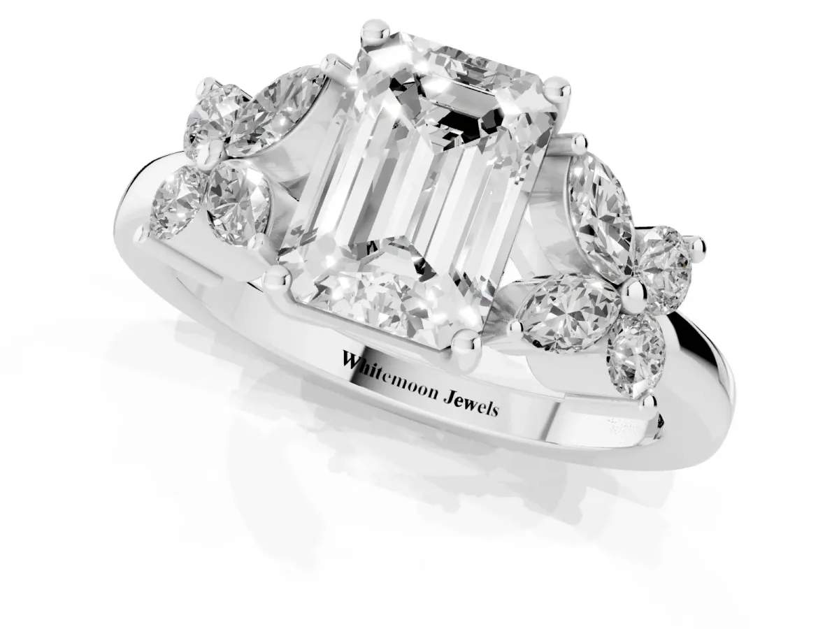 Emerald Cut Diamond Floral Cluster Ring with Solitaire Band and Prong Setting Silver