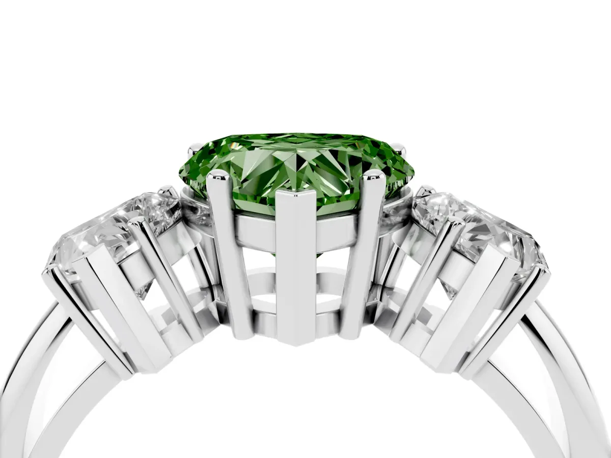 Fancy Green Three-Stone Heart Cut Cut Diamond Engagement Ring with Prong Setting on a White Gold Band White gold