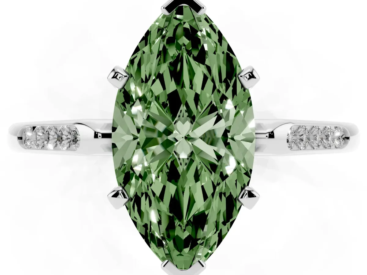 Fancy Green Marquise Cut Diamond Solitaire Ring with Channel Set Round Band and Prong Setting Platinum