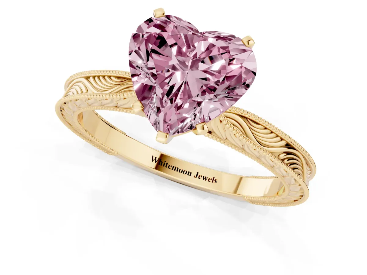 Fancy Pink Heart Cut Solitaire Milgrain Engraved Band with Four-Prong Setting Yellow gold