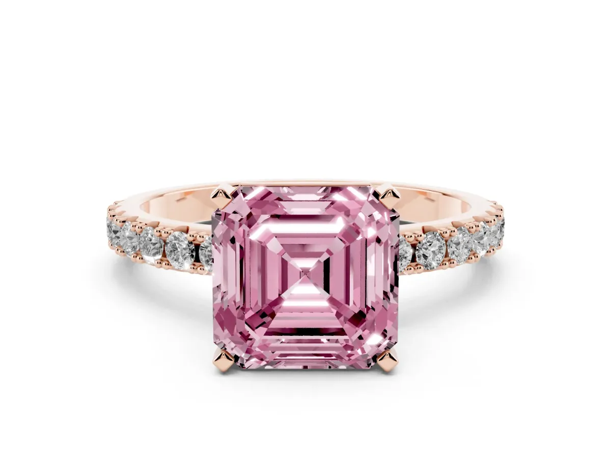 Fancy Pink Asscher Cut Diamond Solitaire Pavé Band with Four-Prong Setting Rose gold