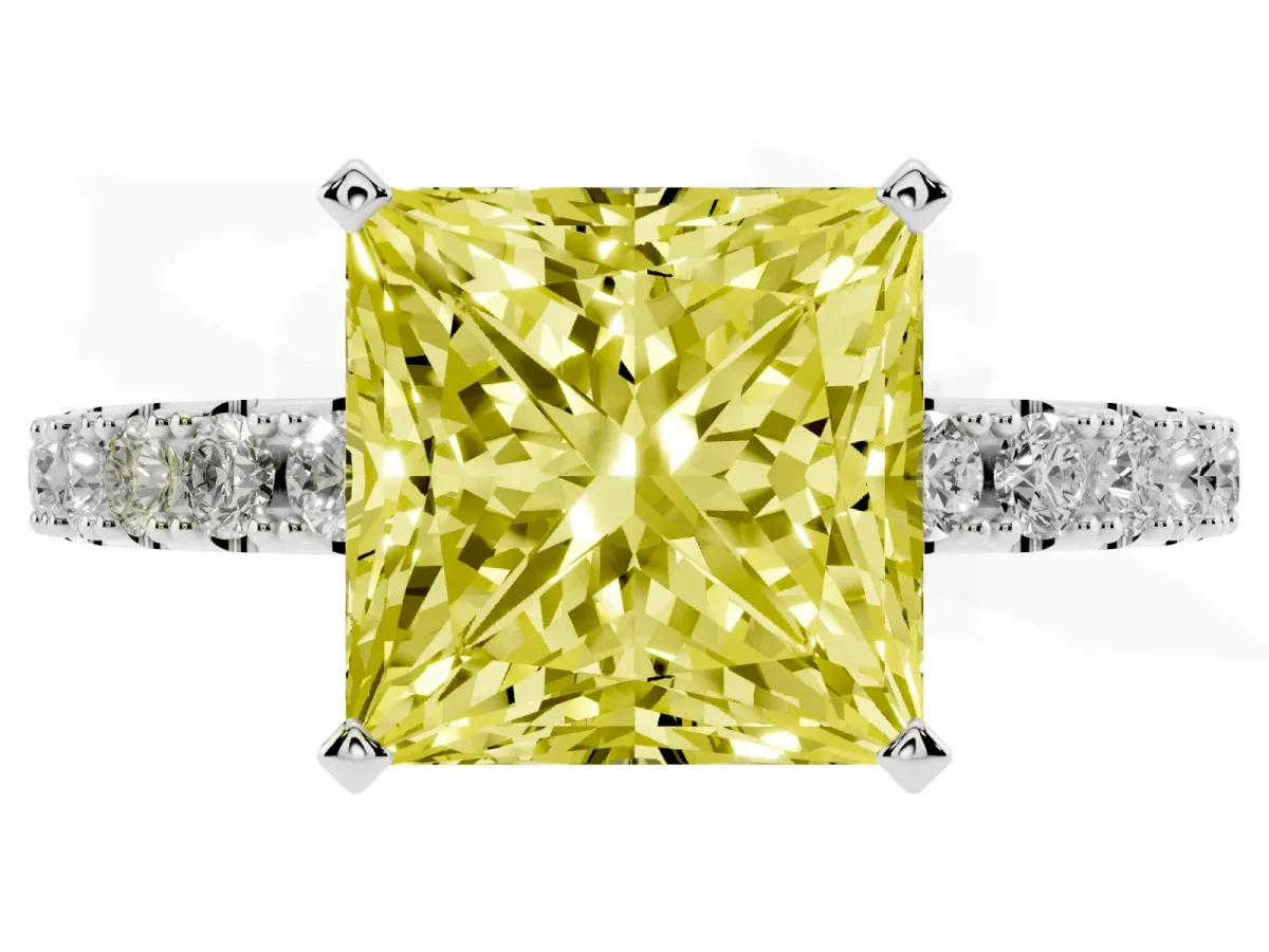 Fancy Yellow Princess Cut Diamond Solitaire Pavé Band with Four-Prong Setting Silver