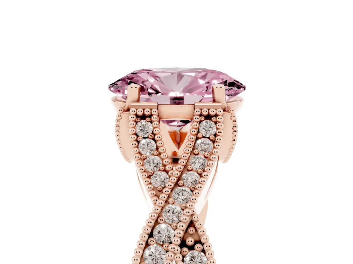 Fancy Pink Oval Cut Cut Diamond Twisted Band with Milgrain Pave Setting and Four-Prong Setting Rose gold