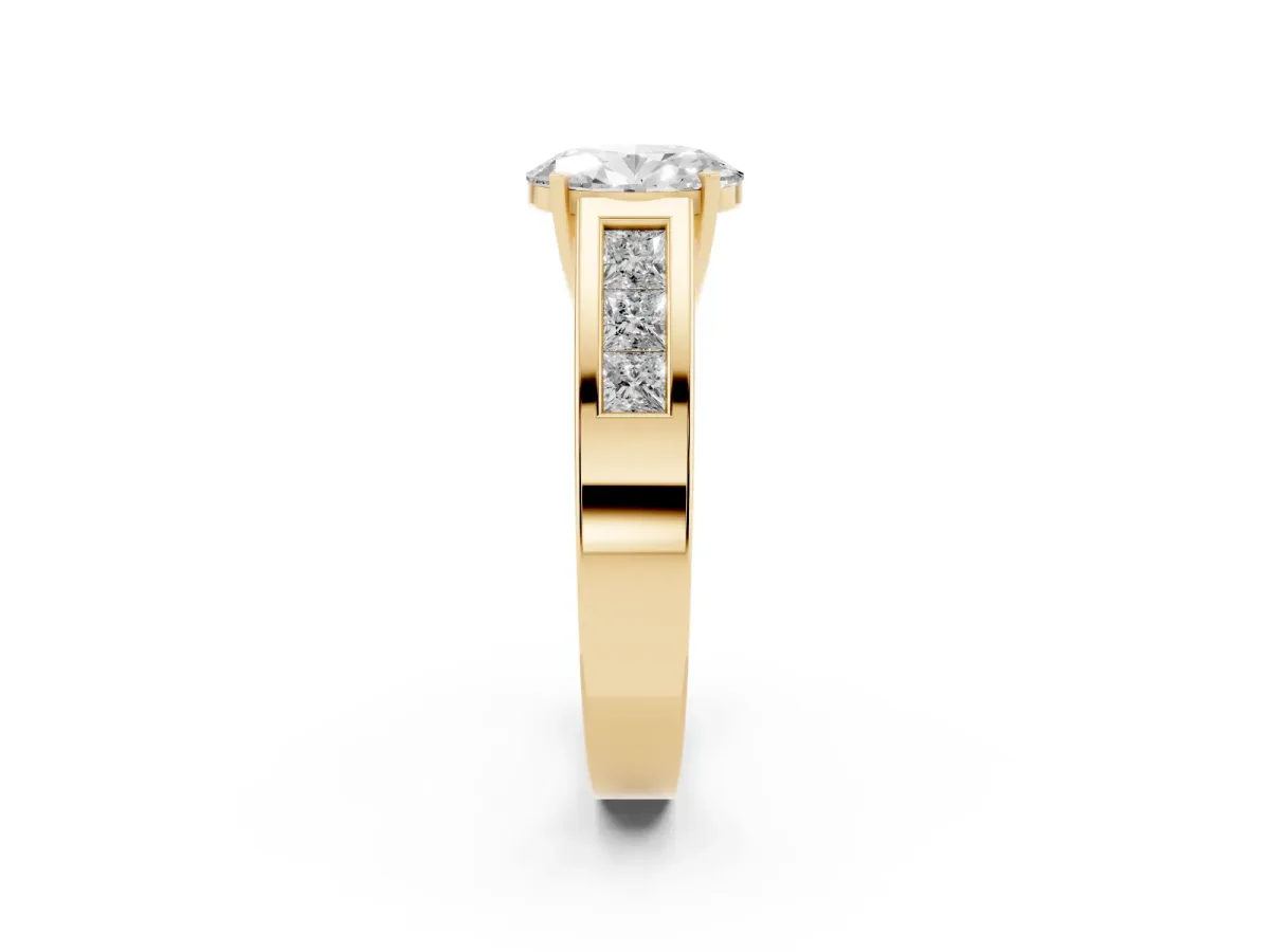 Oval Cut Cut Channel Set Solitaire Ring with Four-Prong Setting Yellow gold