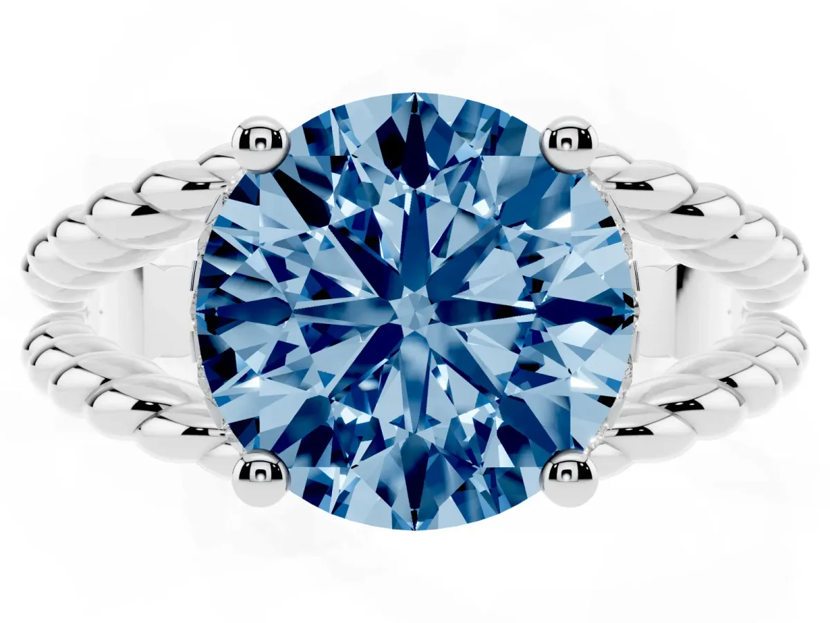 Fancy Blue Round Cut Halo Twisted Band Four-Prong Ring Platinum