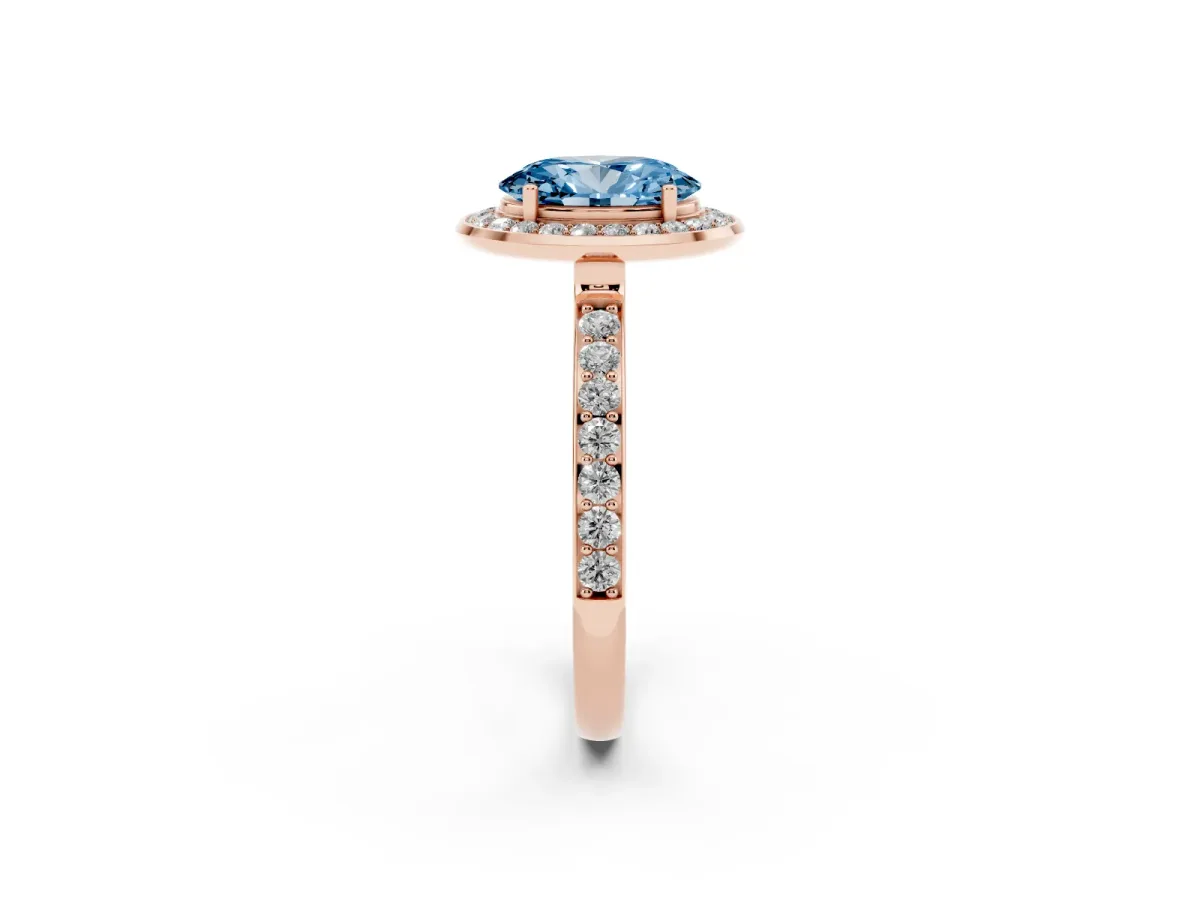 Fancy Blue Oval Cut Diamond Halo Ring with Bezel Frame and Pavé Band Rose gold
