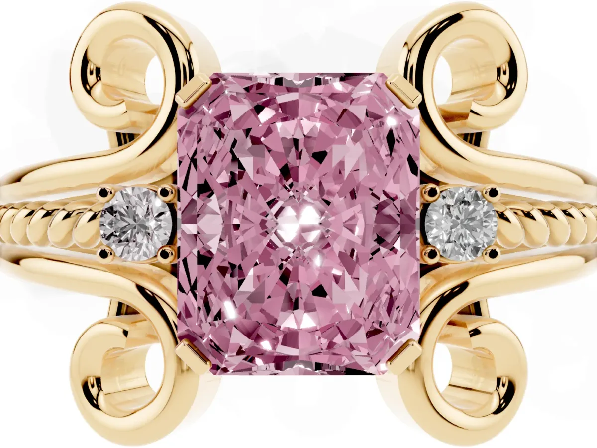 Fancy Pink Radiant Cut Solitaire Twisted Band Scroll Prong Ring Yellow gold
