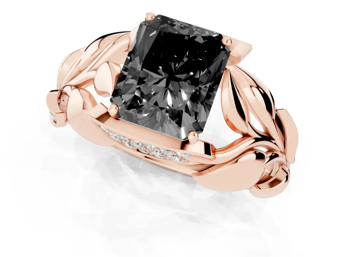 Fancy Black Radiant Cut Diamond Leaf-Inspired Engagement Ring with Round Accents and Prong Setting Rose gold