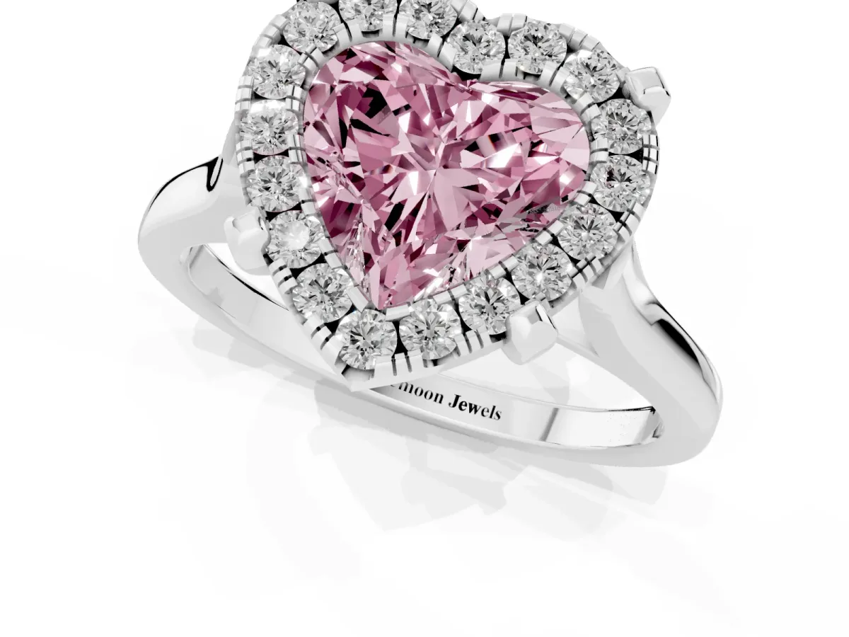 Fancy Pink Heart Cut Diamond Cluster Halo Solitaire with Four-Prong Setting Silver