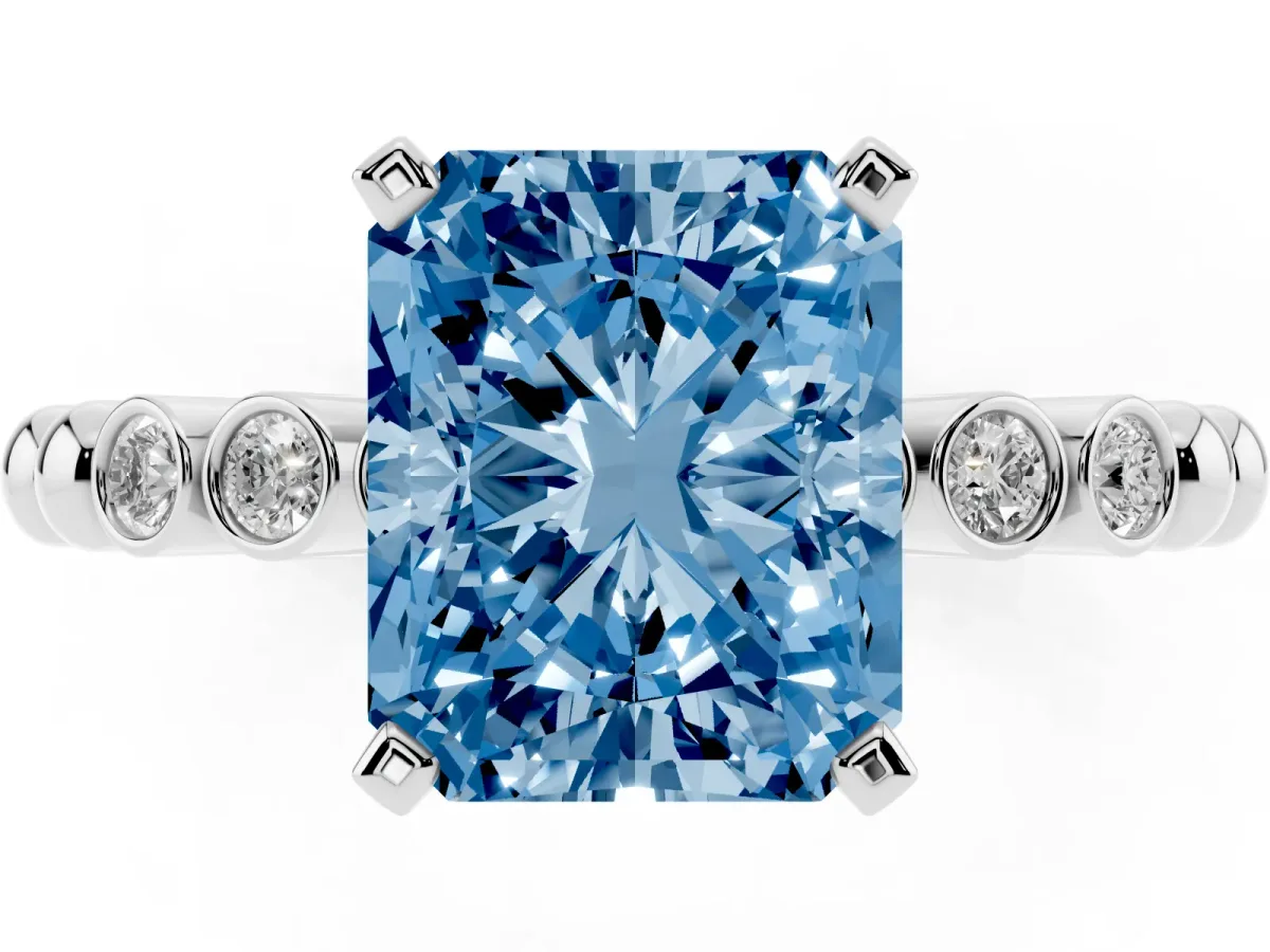 Fancy Blue Radiant Cut Solitaire Bezel Accent Diamond Engagement Ring with Beaded Band and Four-Prong Setting Platinum
