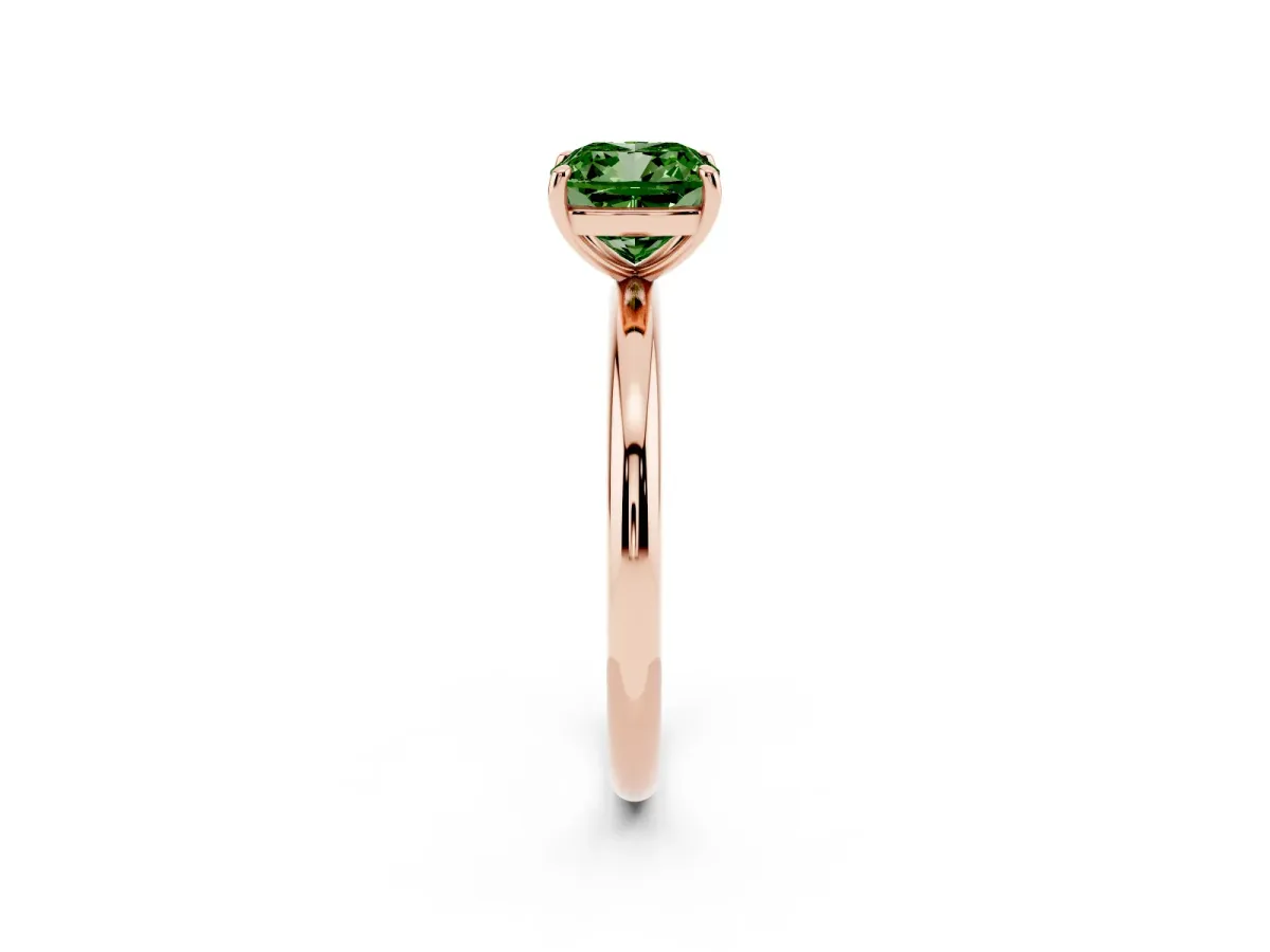 Fancy Green Cushion Cut Solitaire Diamond Ring with Four-Prong Setting on a Plain Band Rose gold