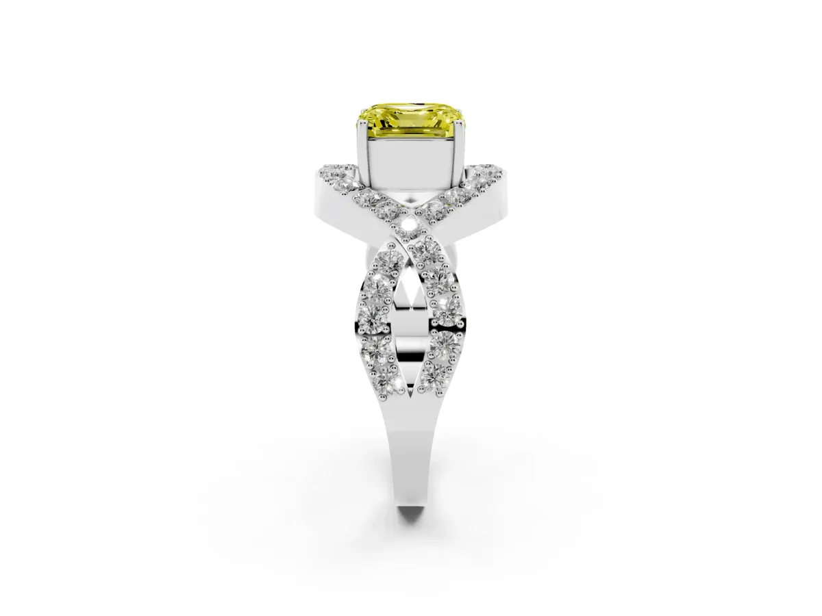 Fancy Yellow Asscher Cut Solitaire Twist Band Pavé Diamond Engagement Ring Silver