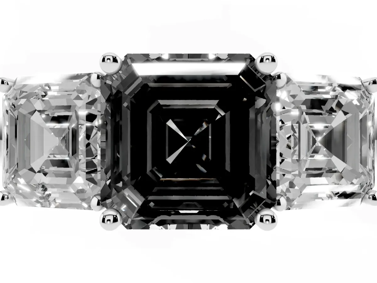 Fancy Black Three-Stone Asscher Cut Cut Diamond Engagement Ring with Prong Setting on a White Gold Band Silver