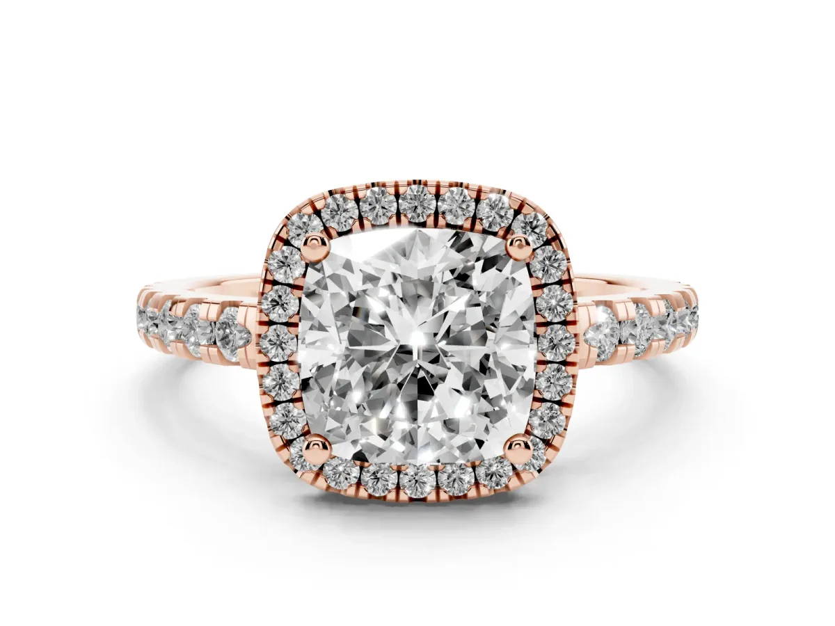 Cushion Cut Diamond Halo Ring with Pavé Band and Four-Prong Setting Rose gold